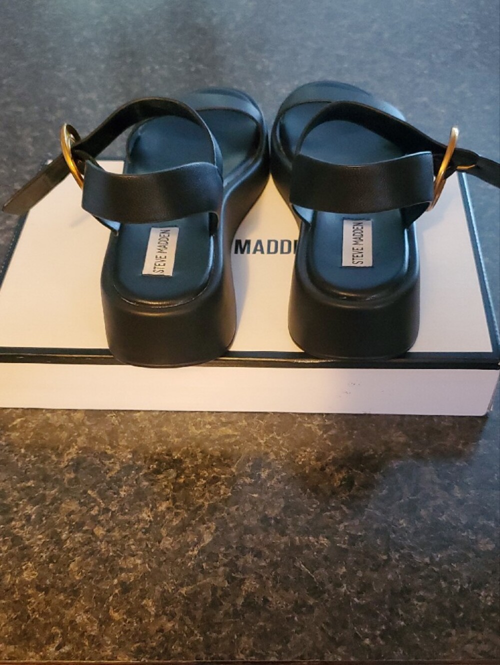 Steve Madden Black Leather Slingback Sandals with Gold Buckle - Picture 6 of 7